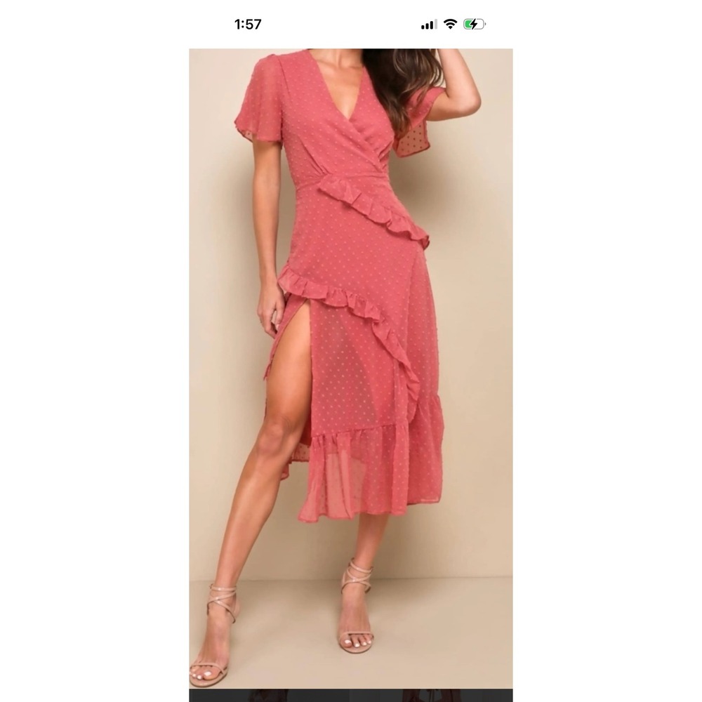 Lulus Swiss Dot Ruffle Midi Dress Women XS Rose Pink NEW Faux Wrap V-Neck Slit - Picture 2 of 9